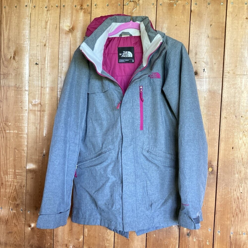 North Face Womens Lined Jacket Zip Pockets Ski Snow Board Gray Hooded Sz M